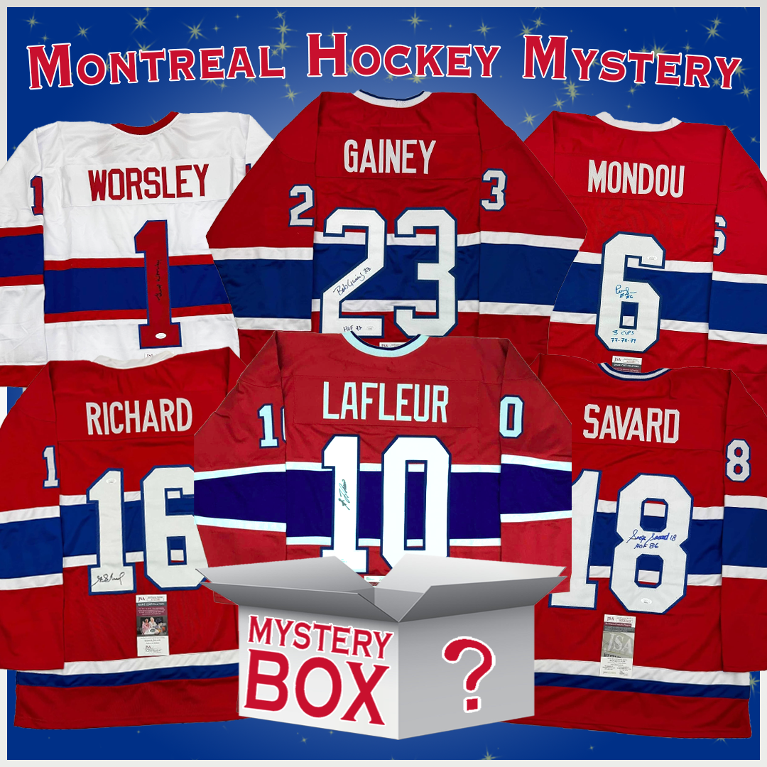 Six autographed Montreal Canadiens jerseys in red and blue displayed around a central mystery box with question mark on starry background.