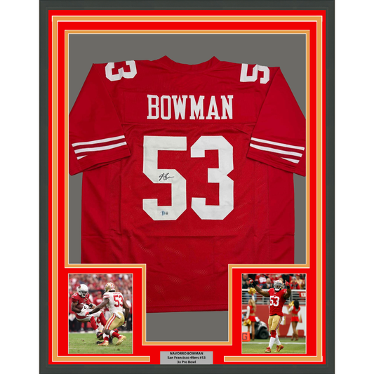 Red San Francisco 49ers jersey number 53 with "BOWMAN" nameplate, framed with two action photos below and multi-colored border matting.
