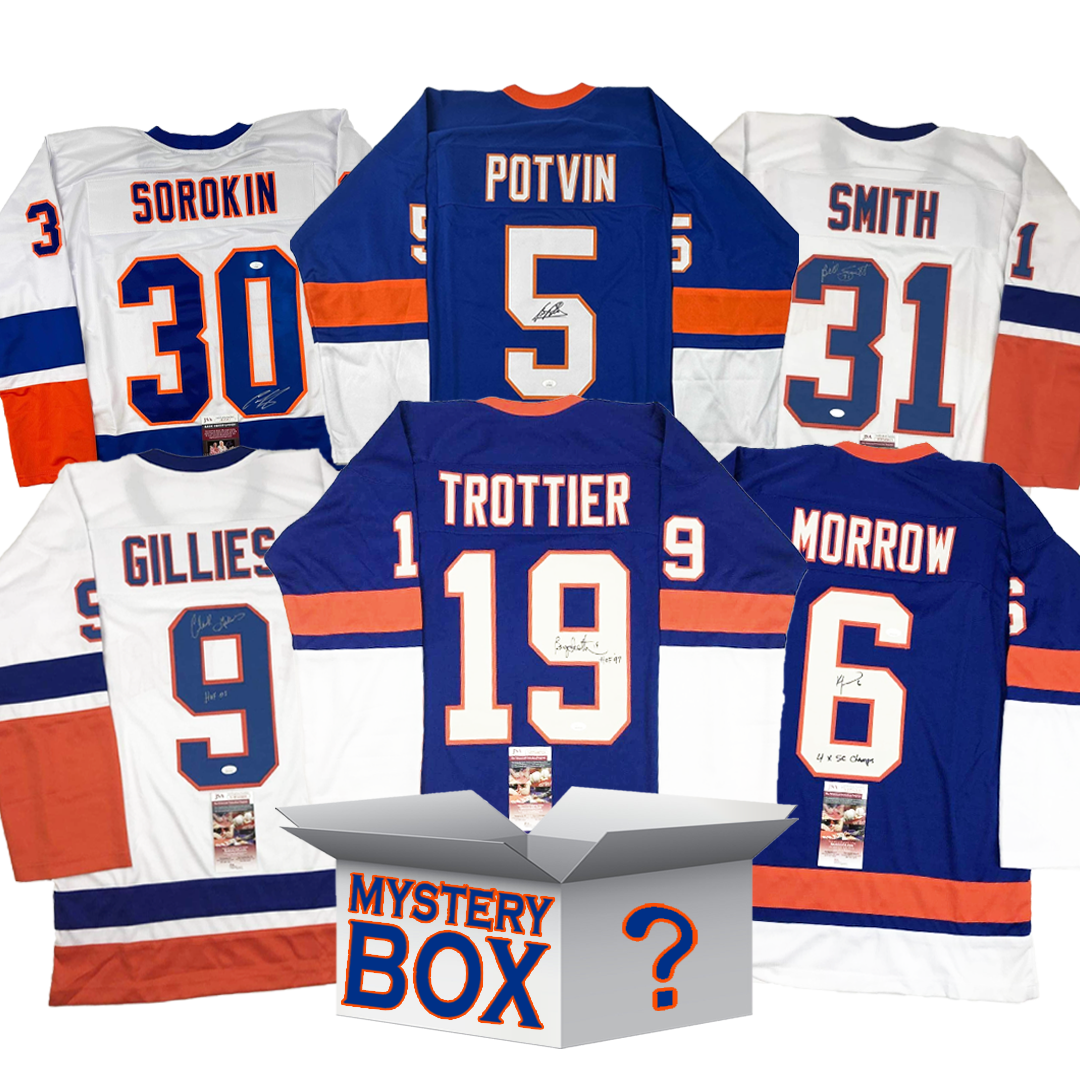 Five signed New York Rangers jerseys in navy and white with orange stripes displayed around a mystery box, featuring player names Sorokin, Potvin, Smith, Gillies, Trottier, and Morrow.