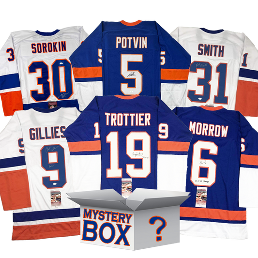 Five signed New York Rangers jerseys in navy and white with orange stripes displayed around a mystery box, featuring player names Sorokin, Potvin, Smith, Gillies, Trottier, and Morrow.