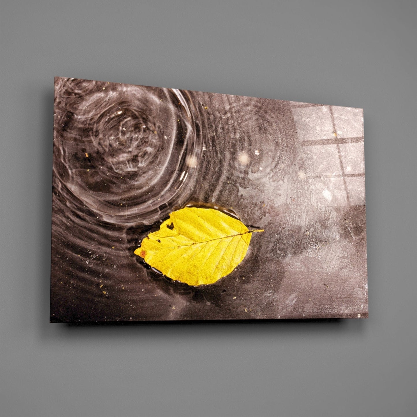 Wide Ripple Pond Single Yellow Leaf Glass Wall Art