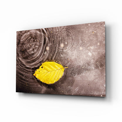 Wide Ripple Pond Single Yellow Leaf Glass Wall Art