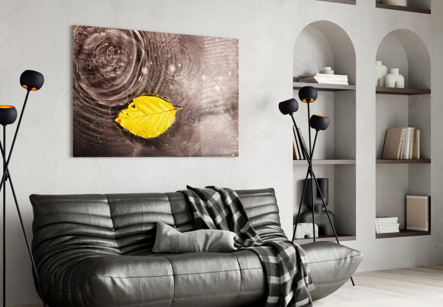 Wide Ripple Pond Single Yellow Leaf Glass Wall Art