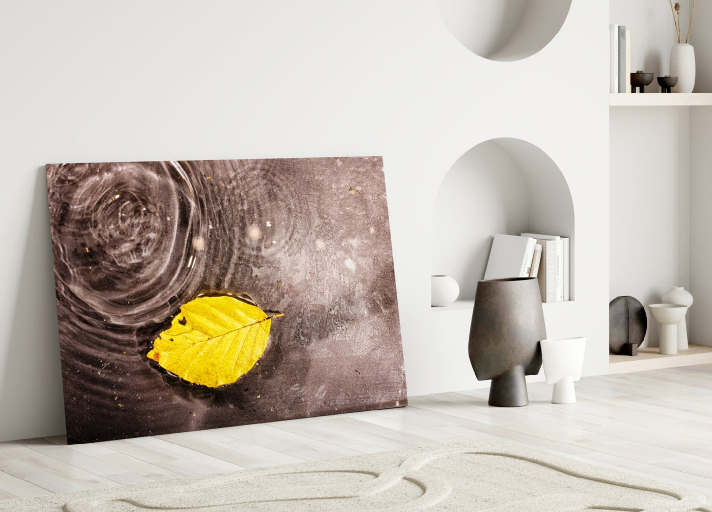 Wide Ripple Pond Single Yellow Leaf Glass Wall Art