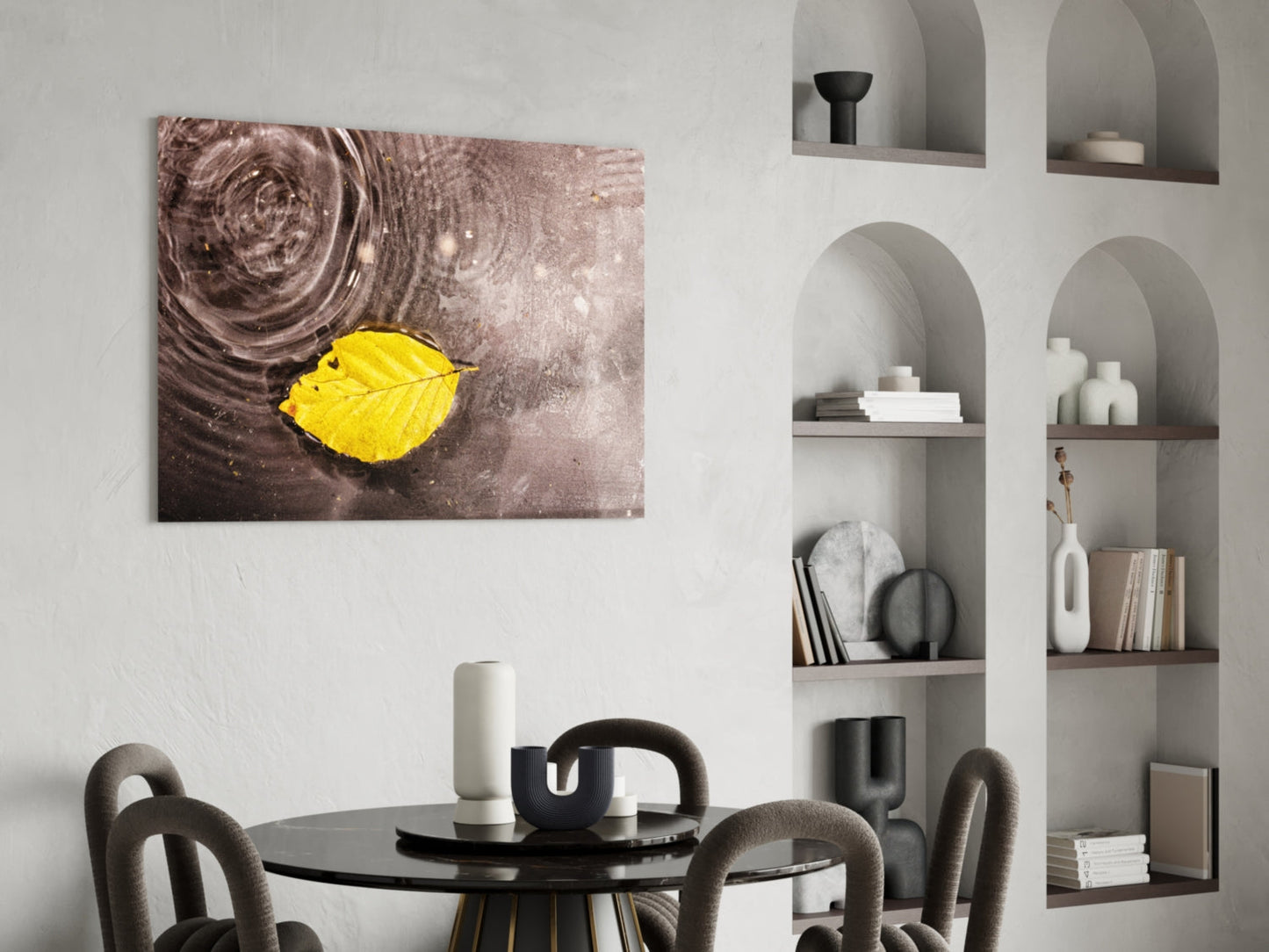 Wide Ripple Pond Single Yellow Leaf Glass Wall Art