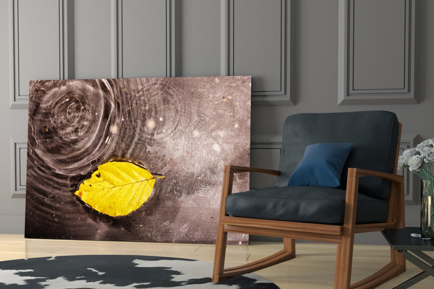 Wide Ripple Pond Single Yellow Leaf Glass Wall Art