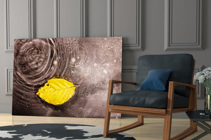 Wide Ripple Pond Single Yellow Leaf Glass Wall Art