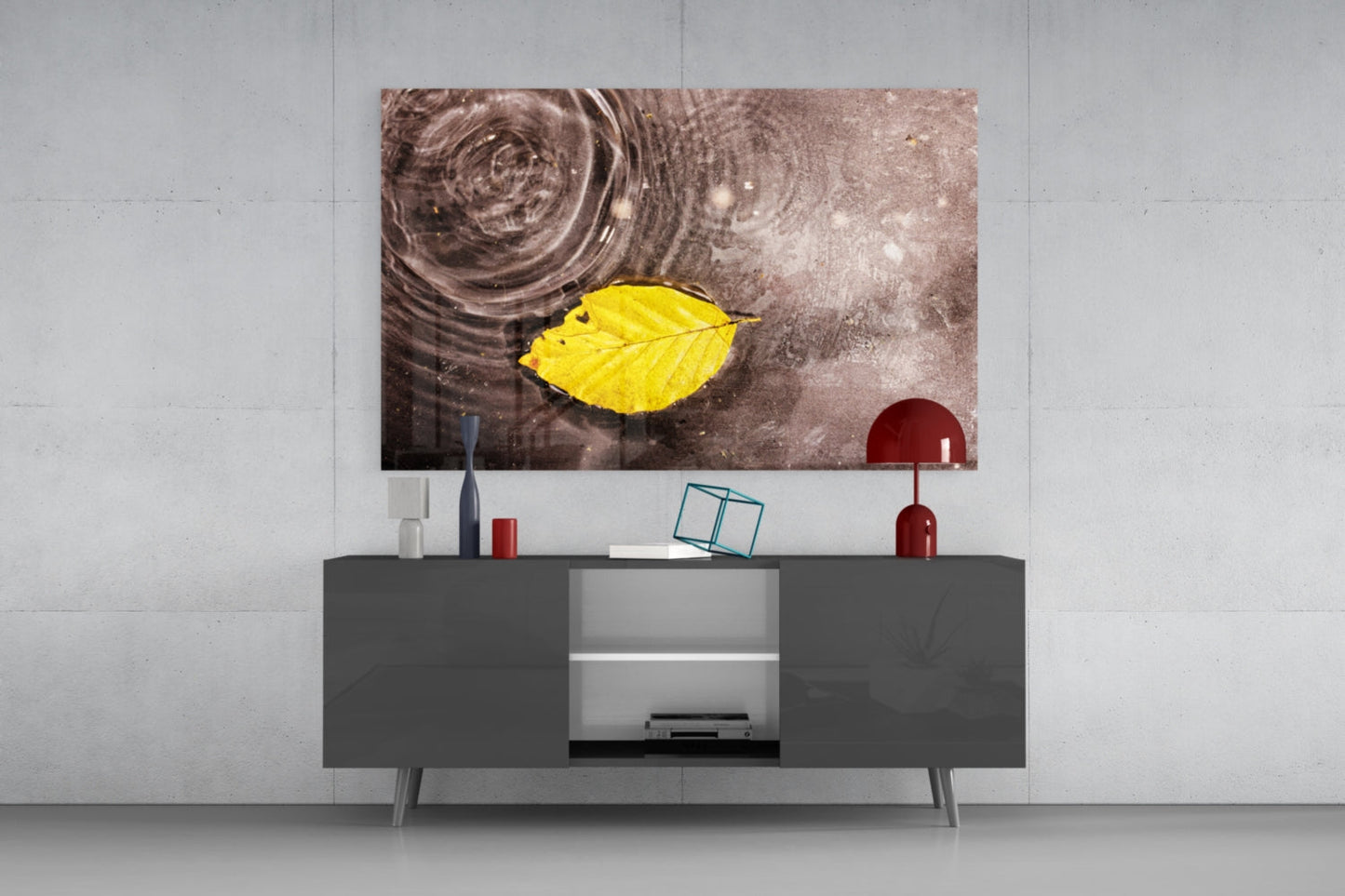 Wide Ripple Pond Single Yellow Leaf Glass Wall Art