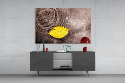 Wide Ripple Pond Single Yellow Leaf Glass Wall Art