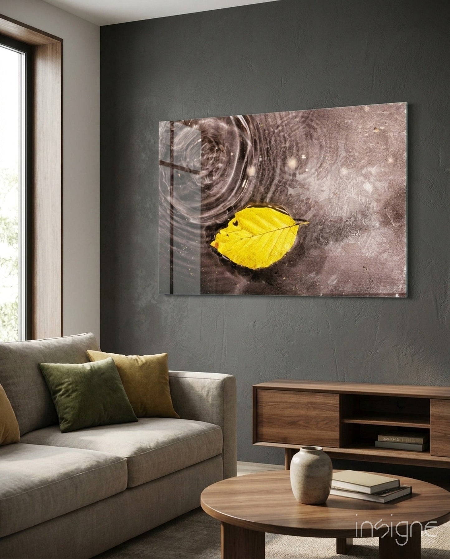 Wide Ripple Pond Single Yellow Leaf Glass Wall Art