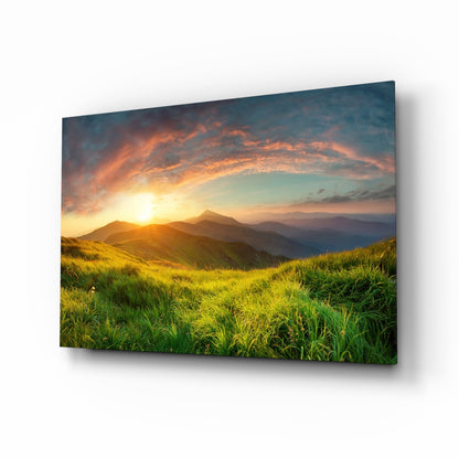 Sunburst Over Green Grass Ridge Glass Wall Art