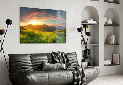 Sunburst Over Green Grass Ridge Glass Wall Art