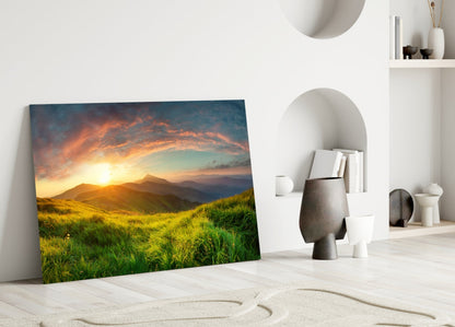 Sunburst Over Green Grass Ridge Glass Wall Art
