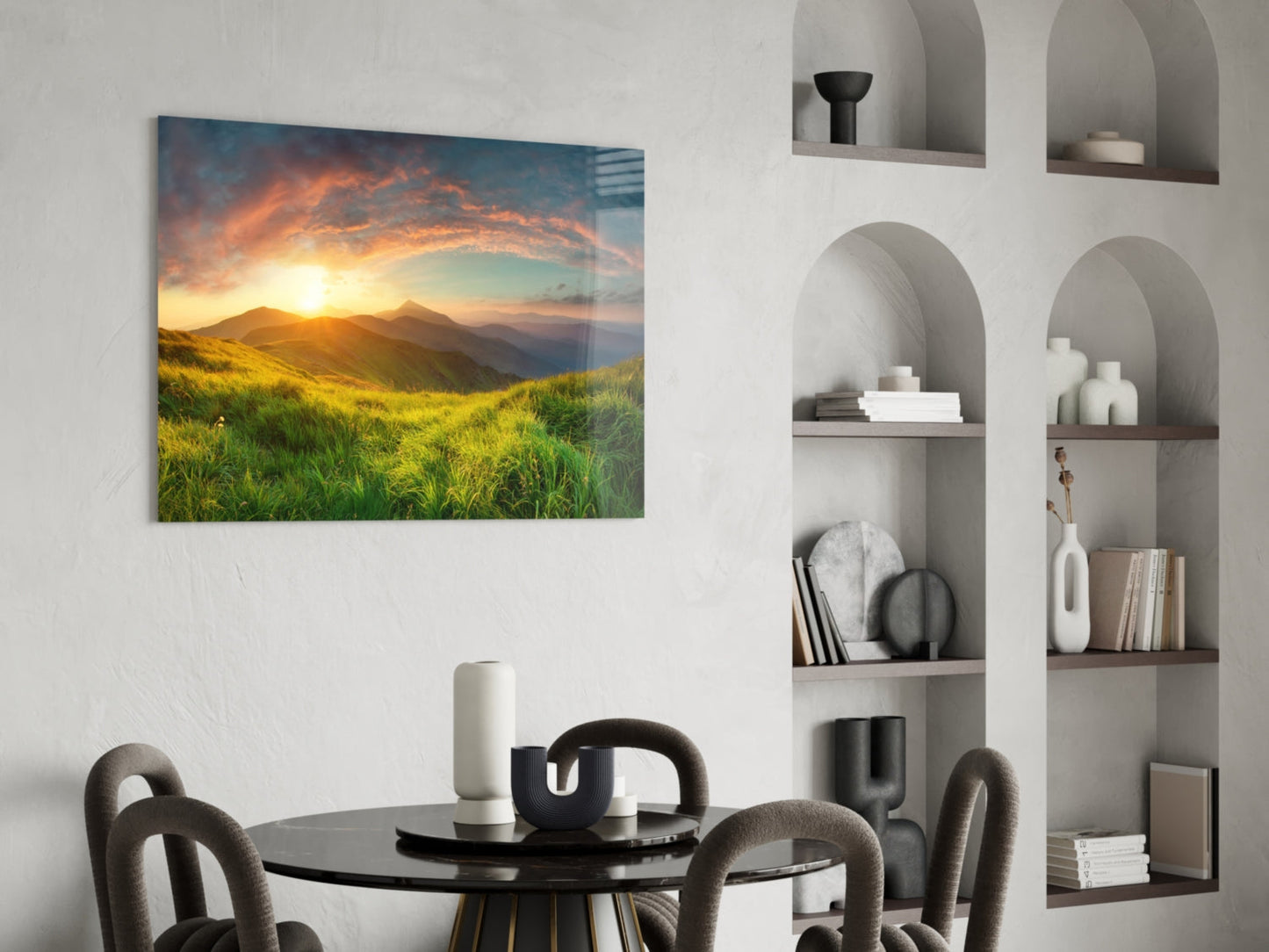 Sunburst Over Green Grass Ridge Glass Wall Art