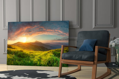 Sunburst Over Green Grass Ridge Glass Wall Art