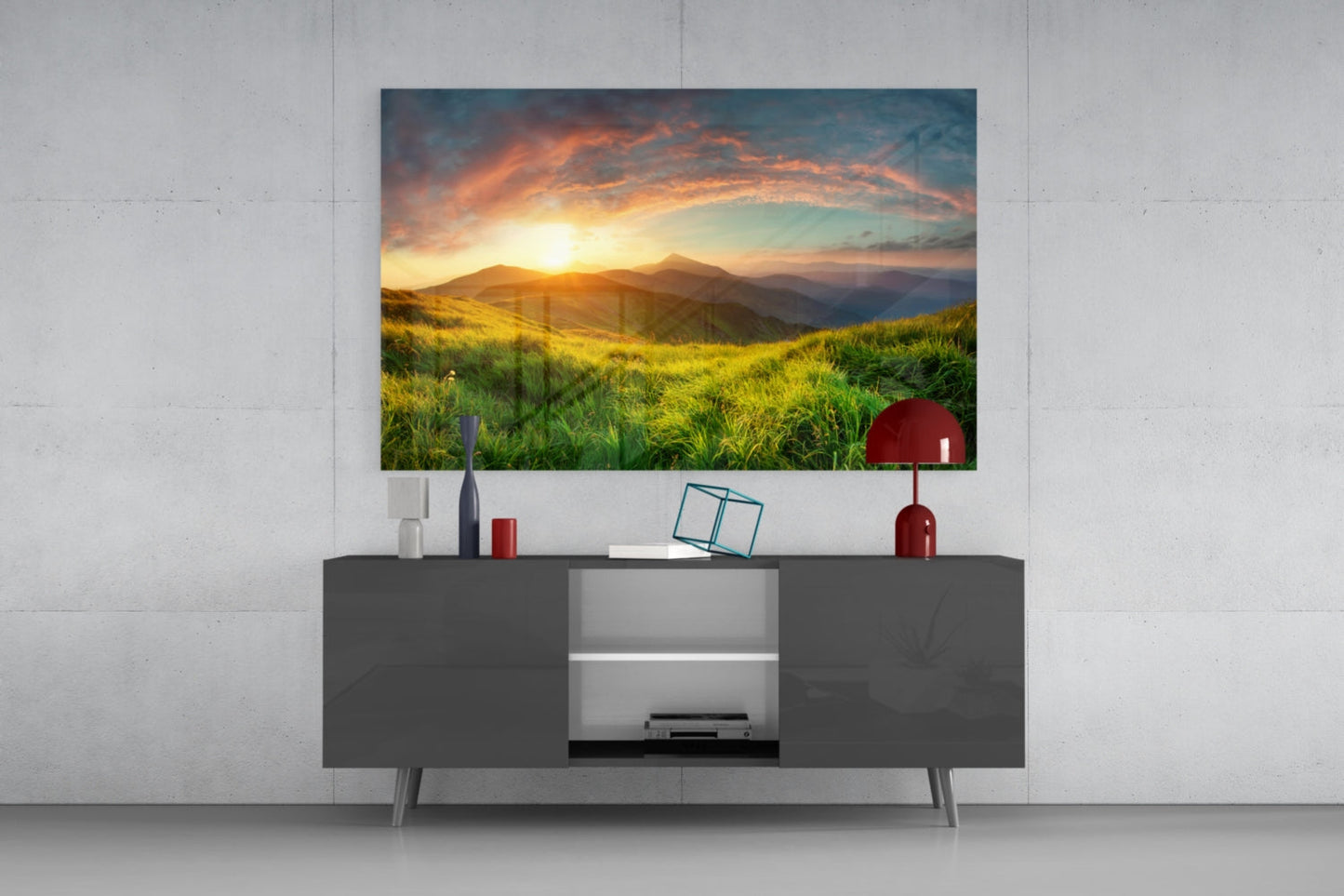 Sunburst Over Green Grass Ridge Glass Wall Art