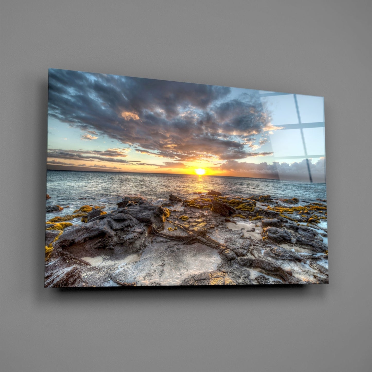 Rocky Shore Sunset Horizon Glass Wall Art