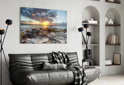 Rocky Shore Sunset Horizon Glass Wall Art