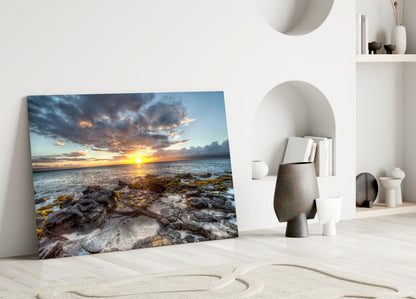 Rocky Shore Sunset Horizon Glass Wall Art