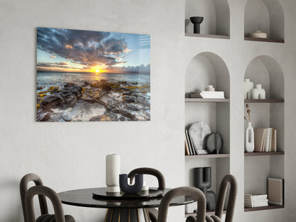 Rocky Shore Sunset Horizon Glass Wall Art