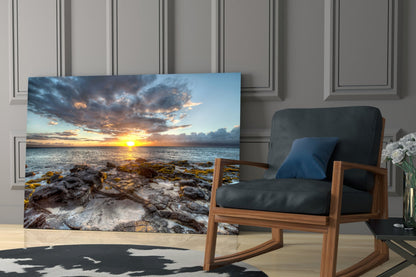 Rocky Shore Sunset Horizon Glass Wall Art