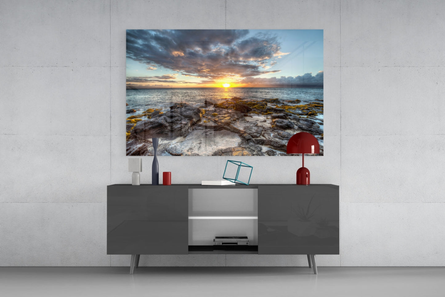 Rocky Shore Sunset Horizon Glass Wall Art