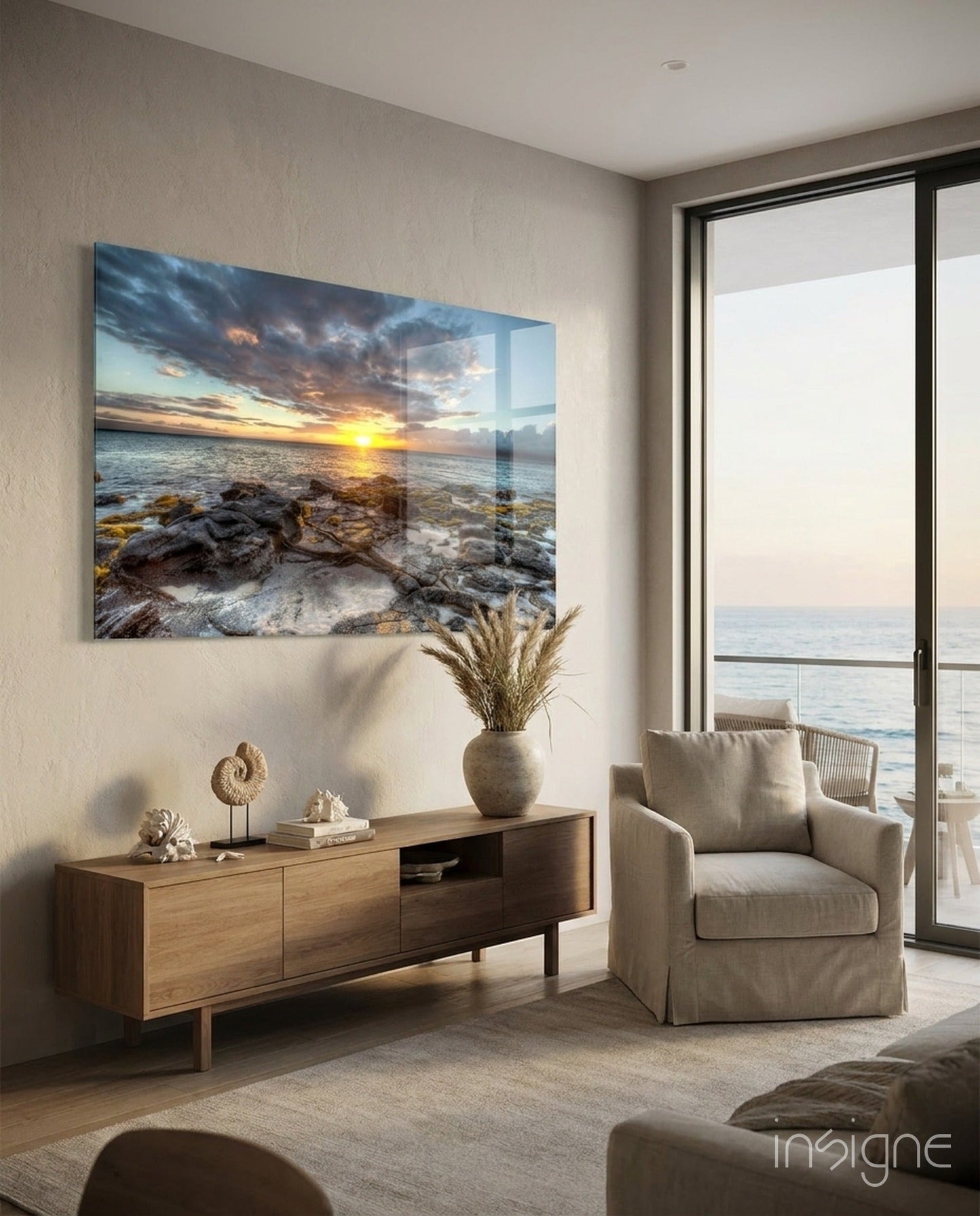 Rocky Shore Sunset Horizon Glass Wall Art