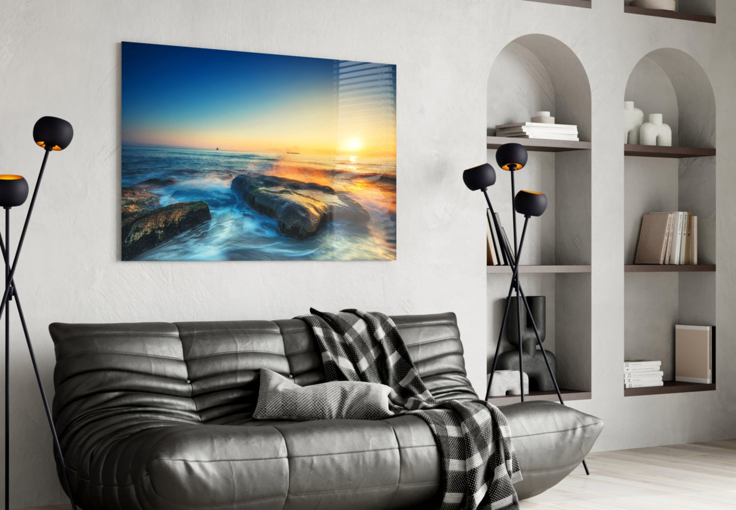 Silky Waves Over Boulders Glass Wall Art