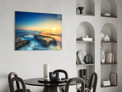 Silky Waves Over Boulders Glass Wall Art