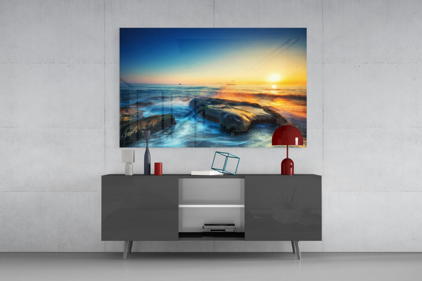 Silky Waves Over Boulders Glass Wall Art