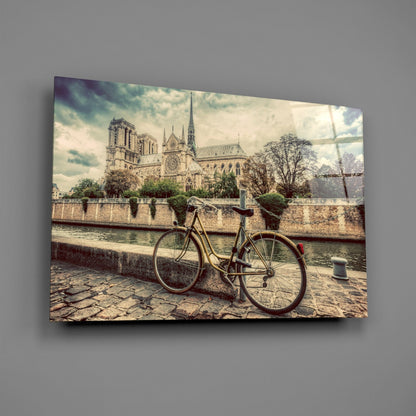 Cobblestone Riverside Bicycle Sepia View Glass Wall Art