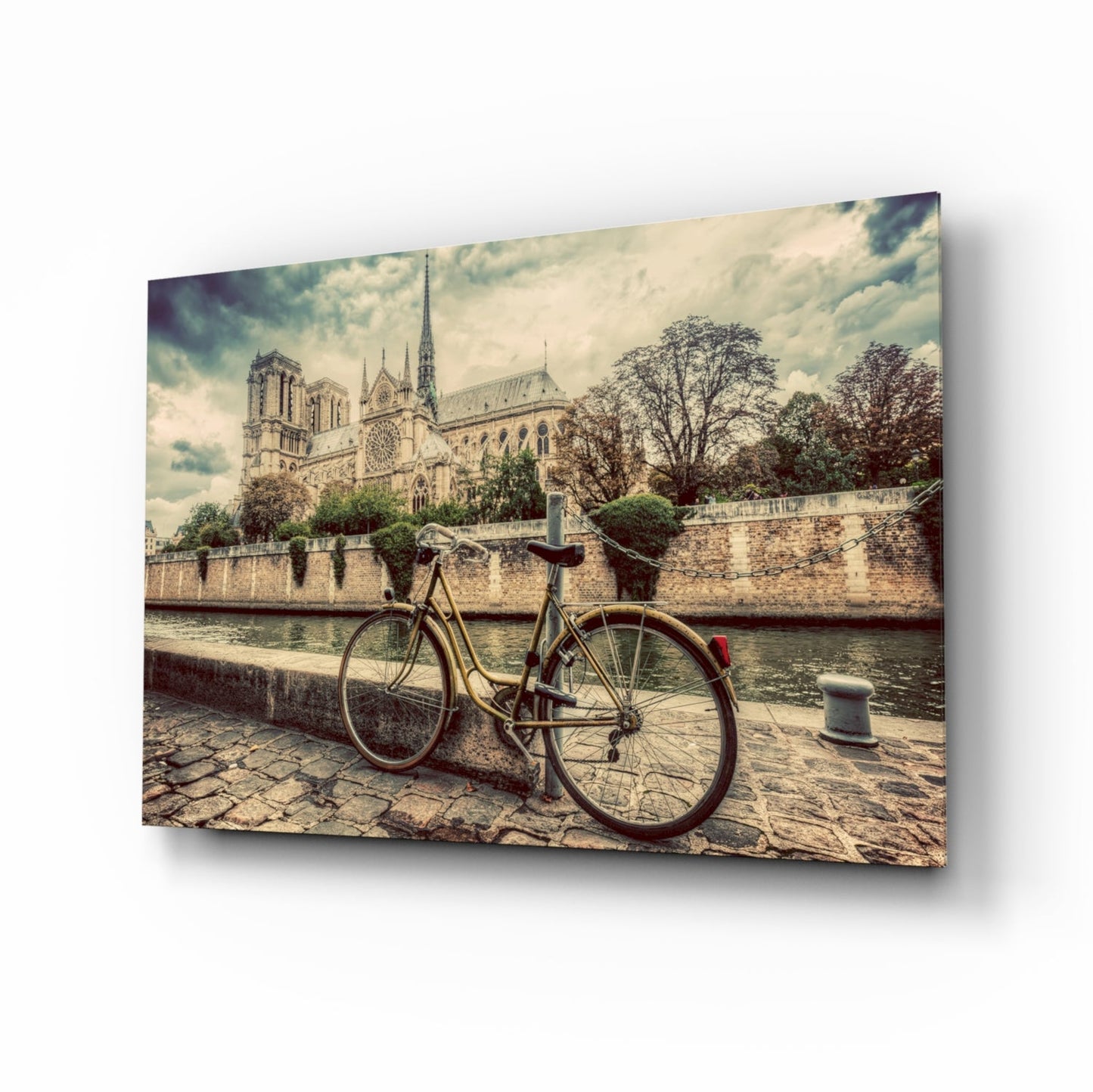 Cobblestone Riverside Bicycle Sepia View Glass Wall Art
