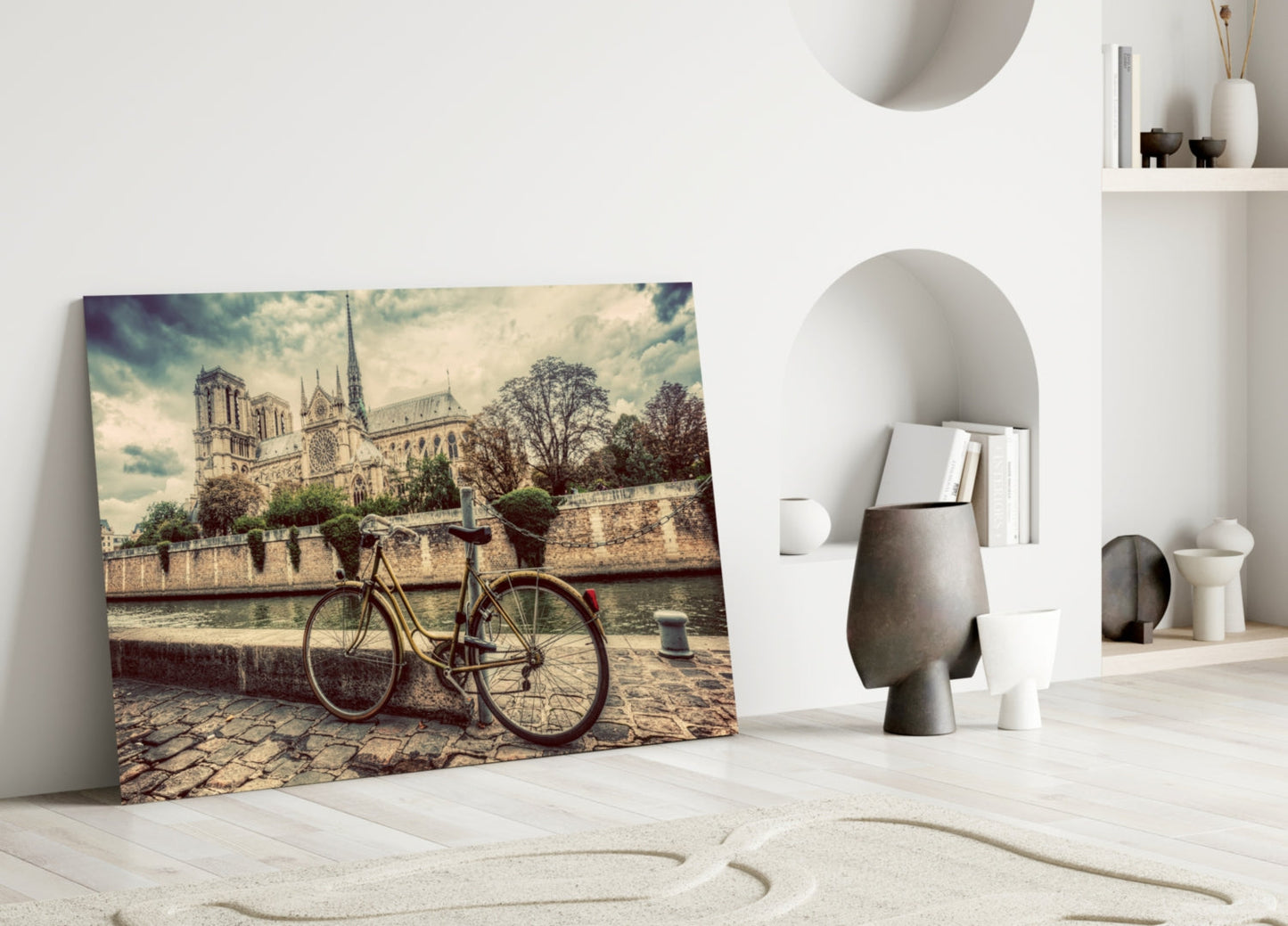 Cobblestone Riverside Bicycle Sepia View Glass Wall Art