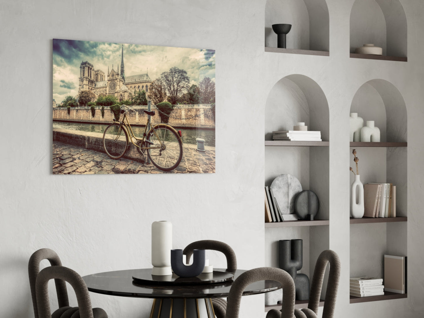 Cobblestone Riverside Bicycle Sepia View Glass Wall Art