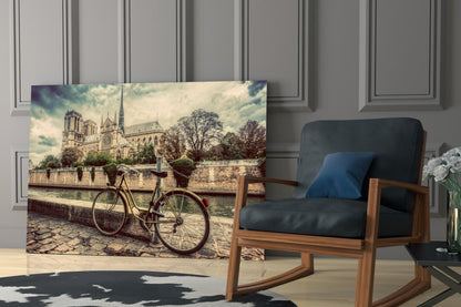 Cobblestone Riverside Bicycle Sepia View Glass Wall Art