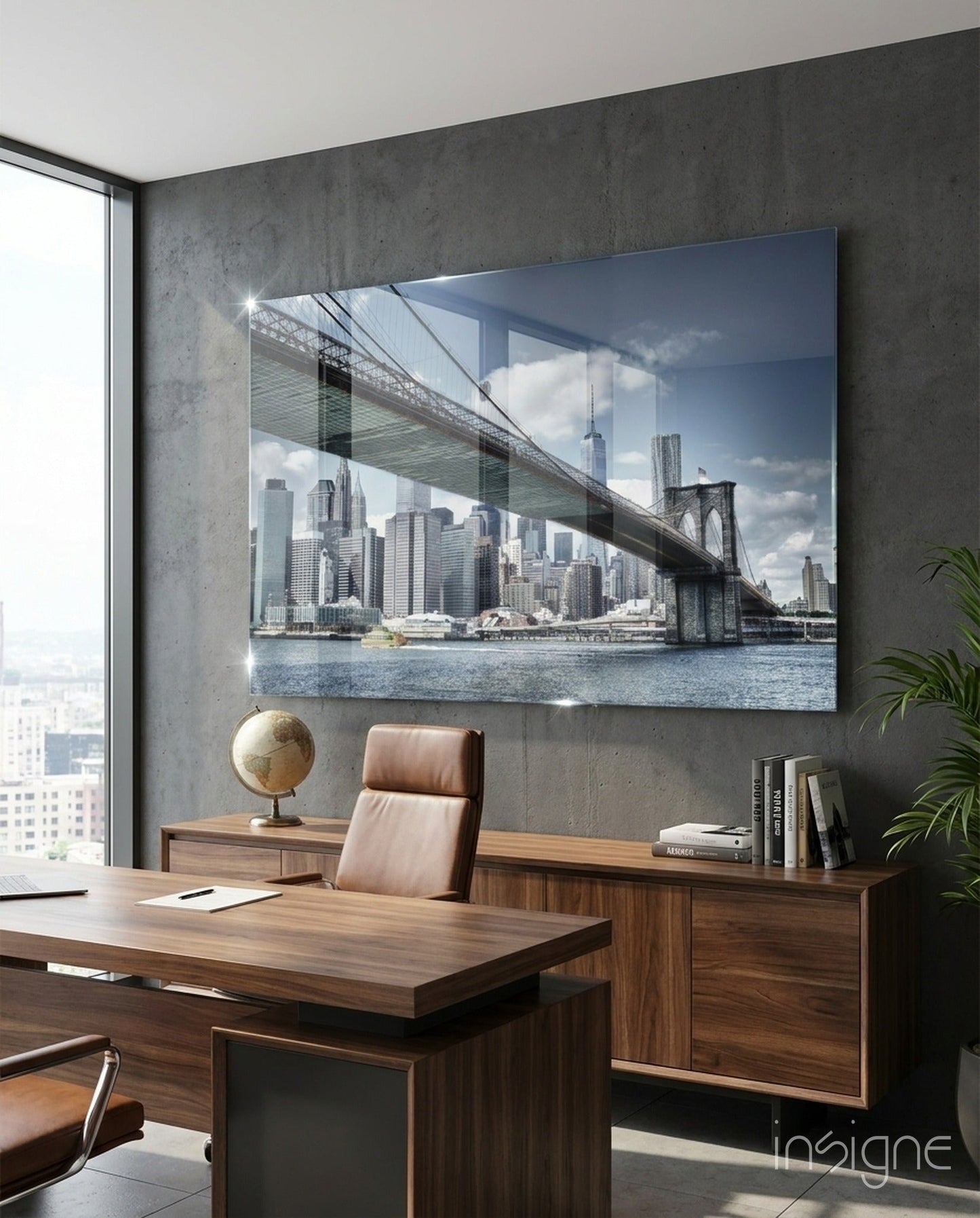 Manhattan Bridge glass wall art displaying Brooklyn Bridge over NYC skyline installed above wooden desk in modern office.