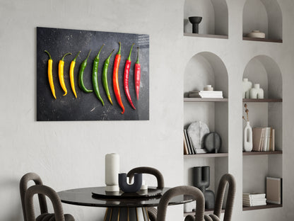 Glass wall art depicting ten chili peppers in yellow, green, and red arranged horizontally on dark gray background, displayed above dining table.