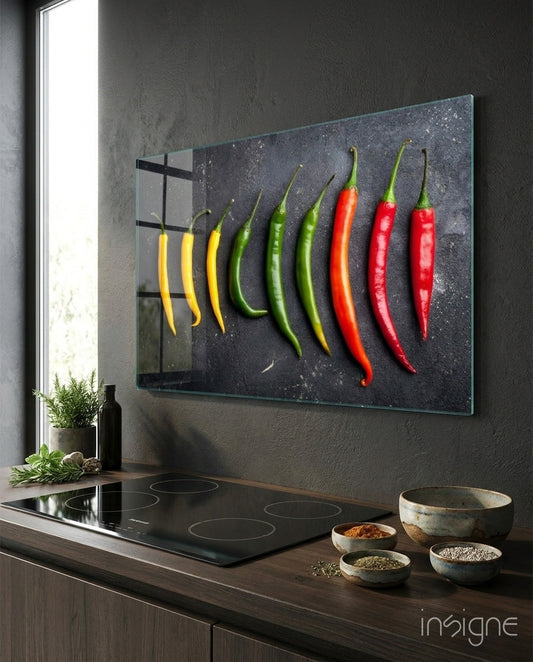 Pepper glass wall art displaying nine chili peppers in yellow, green, and red, mounted above a kitchen cooktop with bowls of spices.