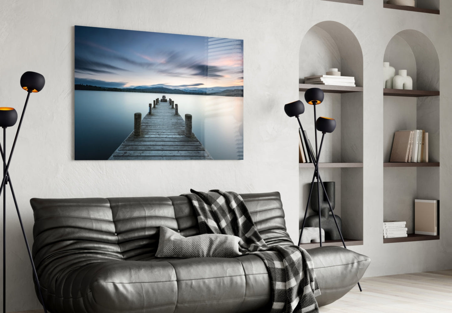 Panoramic Dusk Lake Jetty Glass Wall Art