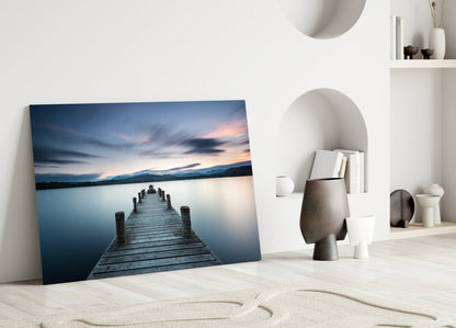 Panoramic Dusk Lake Jetty Glass Wall Art
