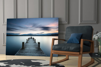 Panoramic Dusk Lake Jetty Glass Wall Art