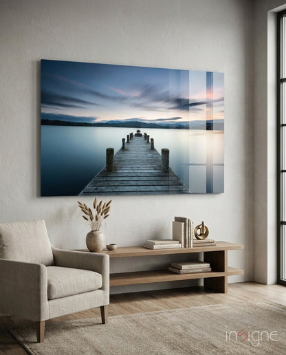 Panoramic Dusk Lake Jetty Glass Wall Art