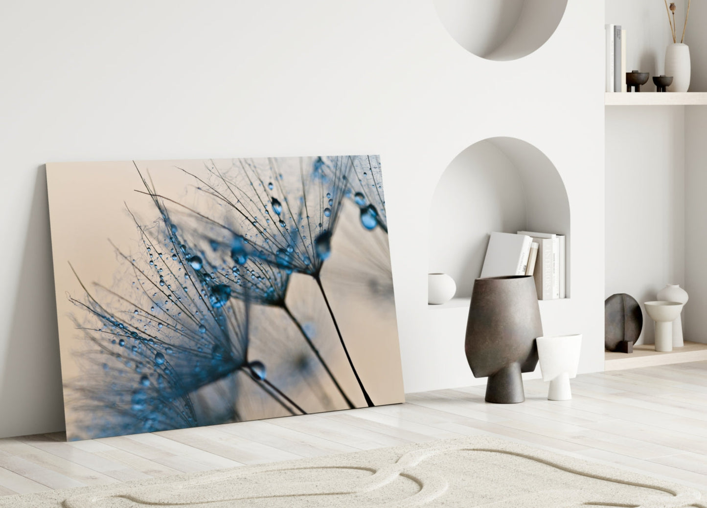 Blue Dandelion Water Drops Glass Wall Art