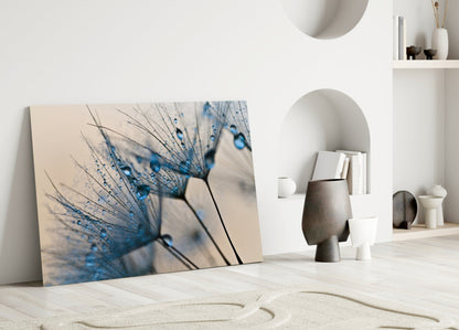 Blue Dandelion Water Drops Glass Wall Art