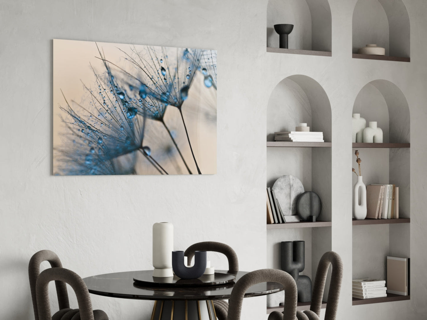 Blue Dandelion Water Drops Glass Wall Art