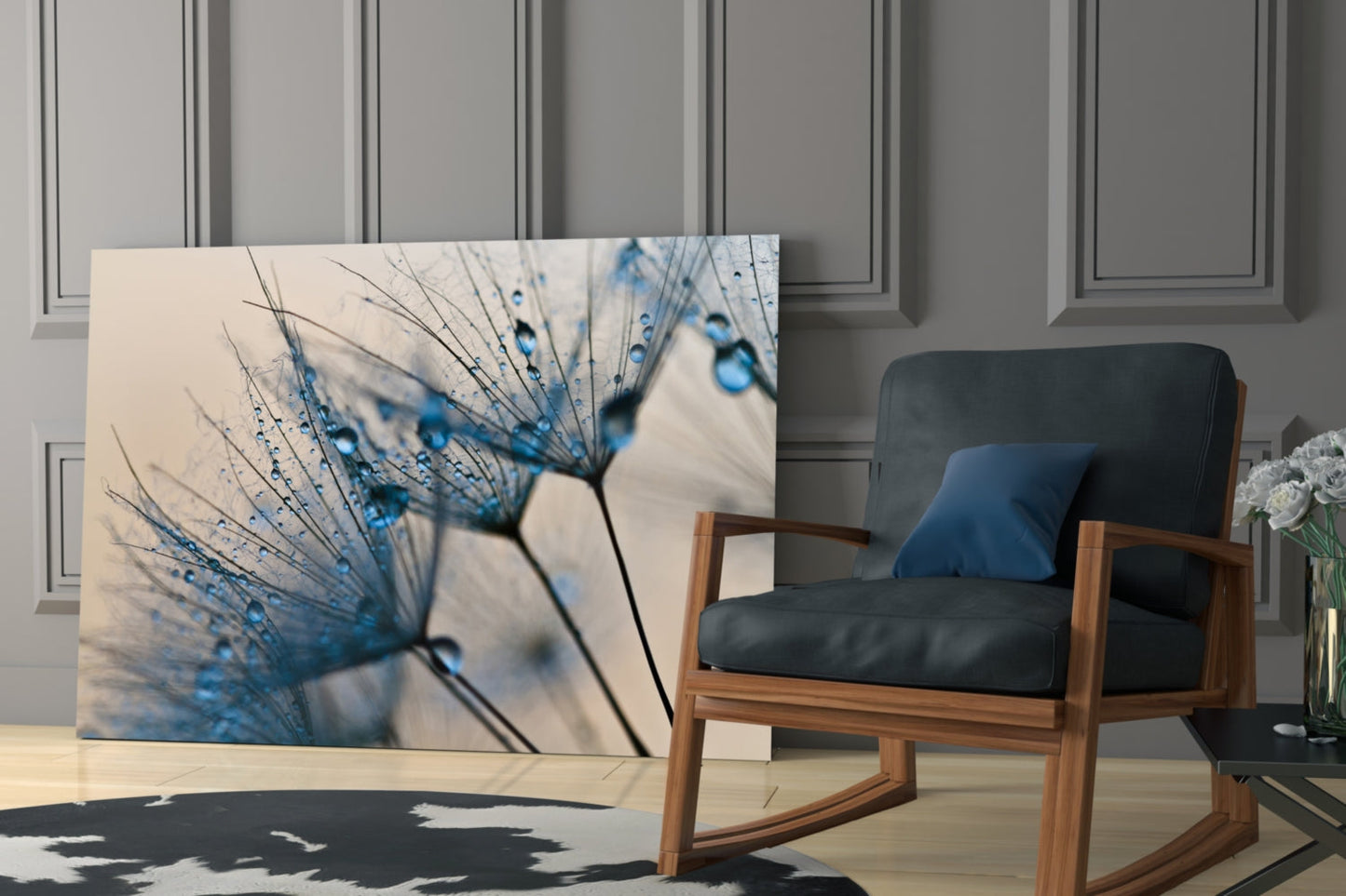 Blue Dandelion Water Drops Glass Wall Art