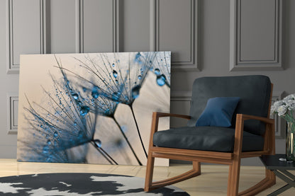 Blue Dandelion Water Drops Glass Wall Art