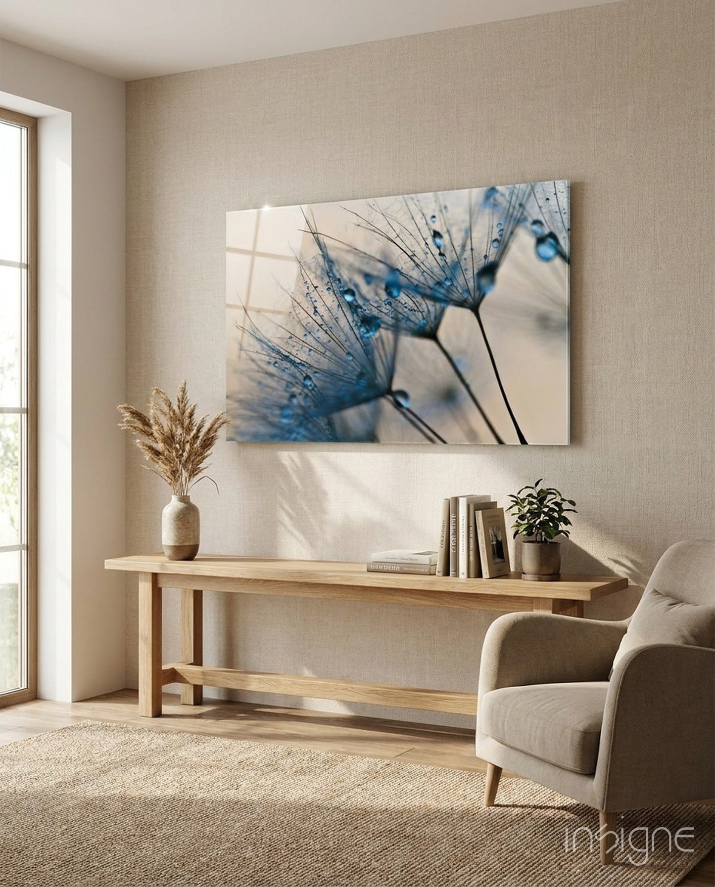 Blue Dandelion Water Drops Glass Wall Art