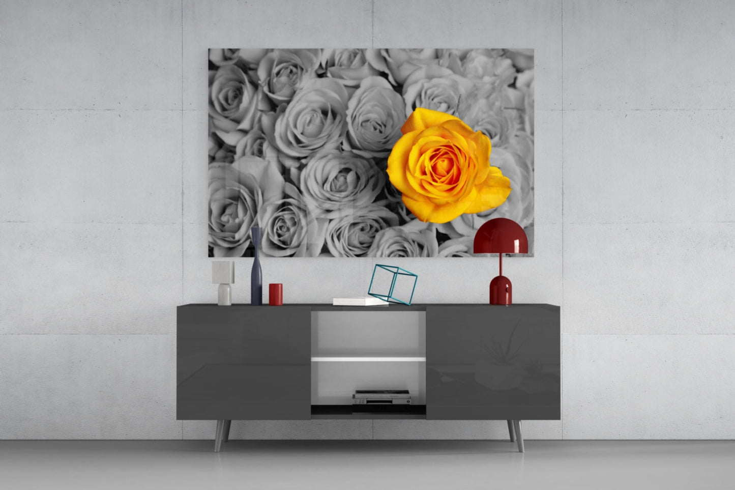 Vivid Yellow Rose Gray Roses Glass Wall Art