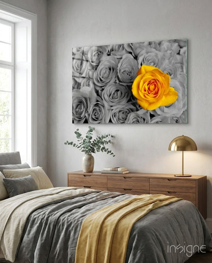Vivid Yellow Rose Gray Roses Glass Wall Art